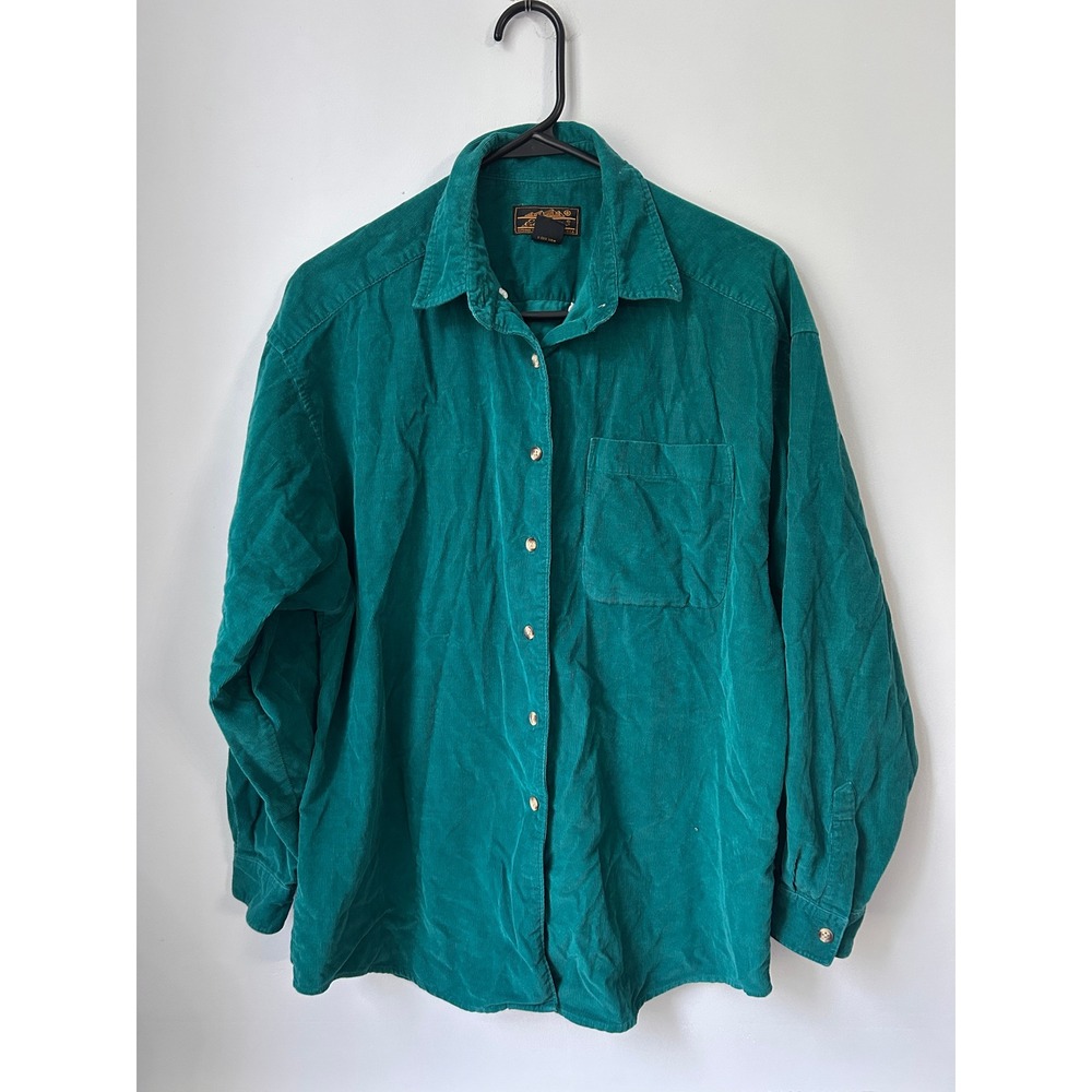 Eddie Bauer Women Corduroy Button Down Shirt Teal Green Cotton Long Sleeve M